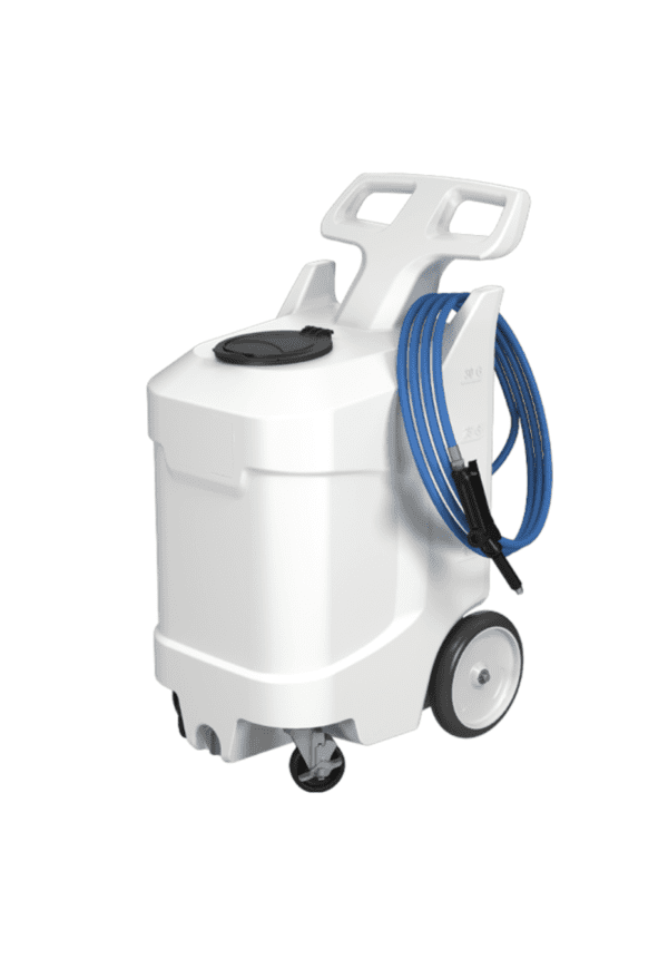 White wheeled sprayer with blue hose.